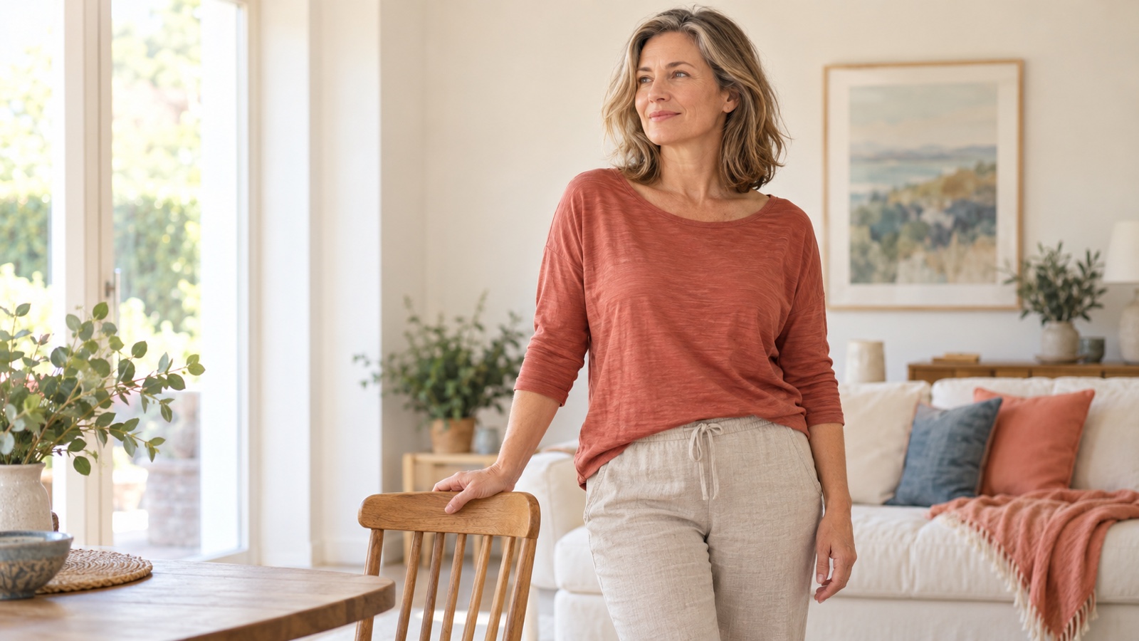 A woman in midlife standing calmly in a light-filled room, pausing to listen to her body
