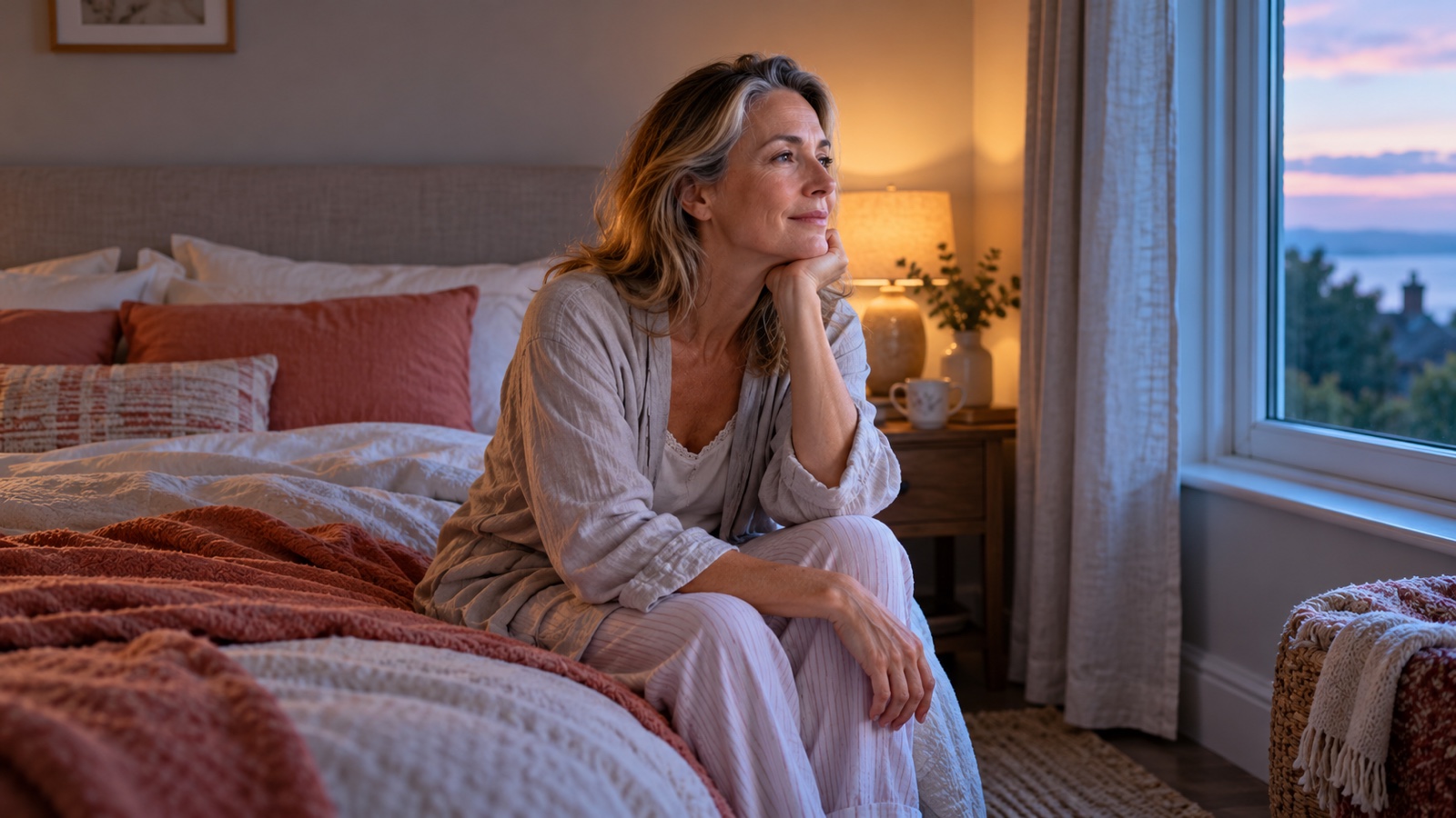 A woman in midlife sitting calmly on her bed during the early morning, looking towards the dawn light