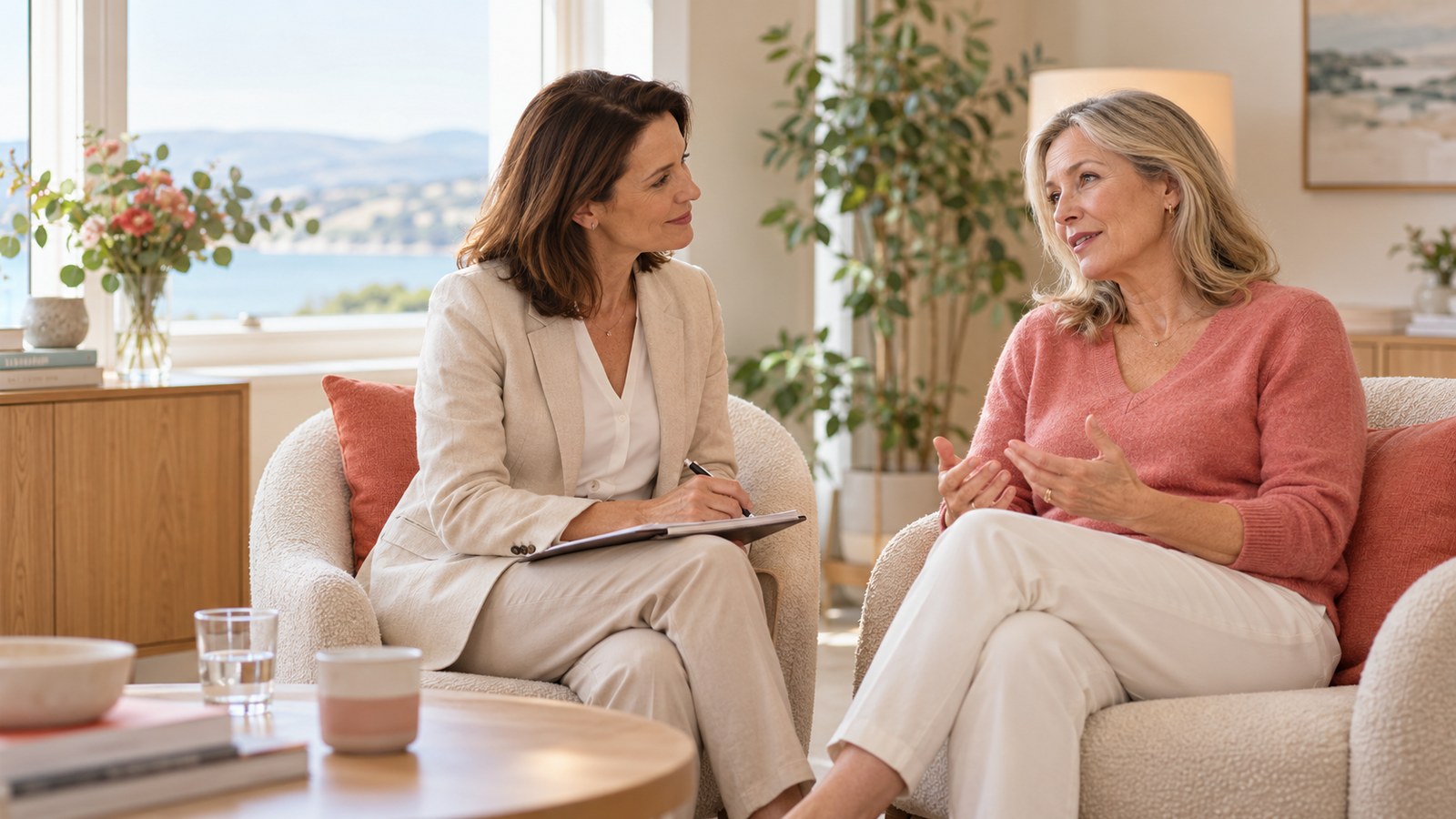 A woman in midlife having a calm, attentive conversation with a female menopause clinician
